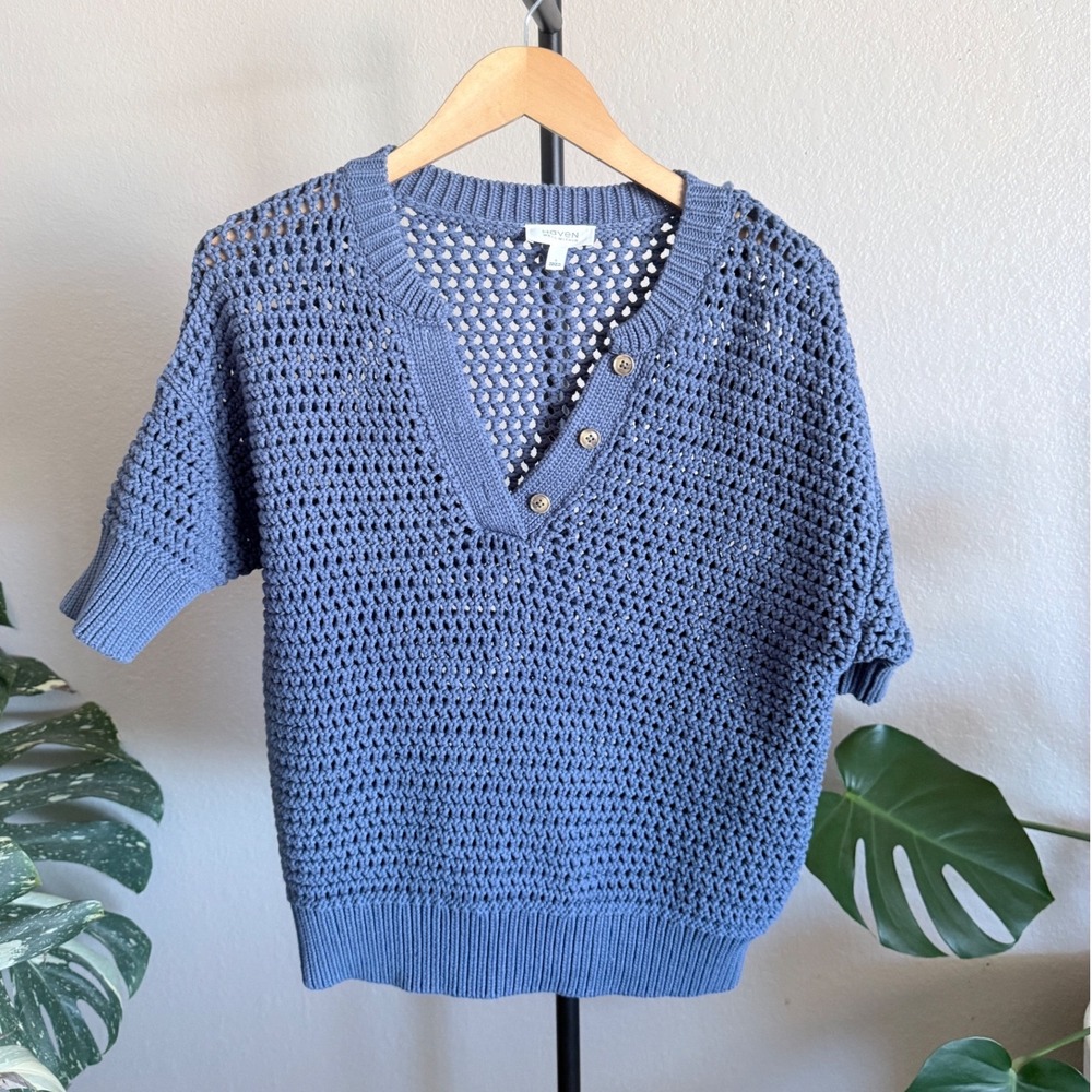 Haven Well Within Blue Open Knit Crochet Henley Short Sleeve Sweater Size S